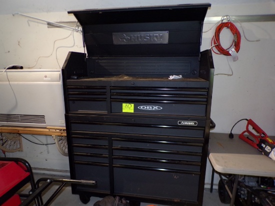 Husky 15 Drawer Flip Up Top Rolling Tool Box with Keys and Power Strips on