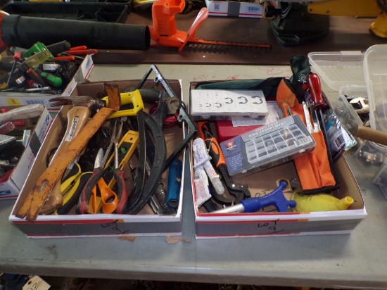 (2) Boxes of Misc. Tools - Hammer, Levels, Hacksaws, Pry-Bar, Torque Wrench