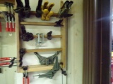 Group of Assorted Clamps Hanging on Door (23) and Contents of Drawers Under