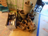 Group of Wicker Baskets, (2) Wooden Ducks, Box of Office Supplies/Equipment
