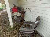 Wooden Work Table, (2) Plastic Adirondack Chairs, Contents of Table  (Outsi