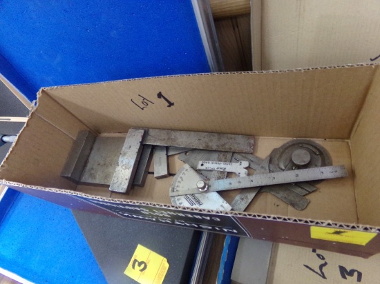 Box of (2) Protractors , (4) Machinist Squares and a Small Angle Block (Off