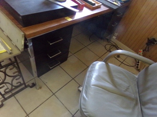 5' Steel Office Desk with 6 Drawers and Gray Leather Chair and Glass Top Si