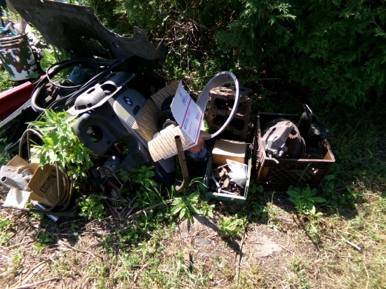 Lg. Group of Car Parts Near Front Door - Engine Parts, Glass, Etc. (Outside