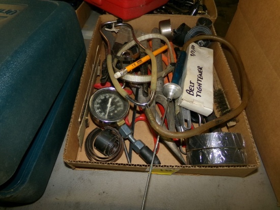 Box of Misc. Tools - Stethoscope, Compression Tester Gauge, Rivet Gun, Hole