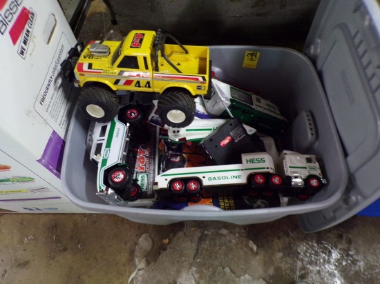 Lg. Gray Tote of Hess Trucks and a Vintage Radio Shack RC Monster Truck (Ga