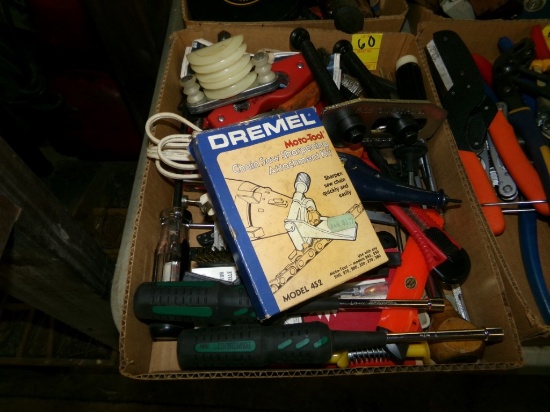 Box of Misc. Tools - Dremel Chainsaw Sharpener, Terminal Cleaners, Puller P