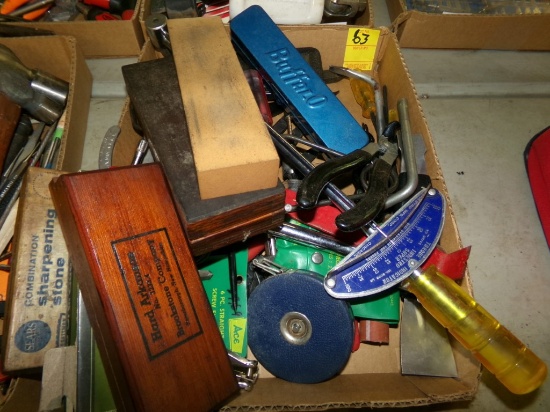 Box of Misc. Tools - Sharpening Stones, Mechanical Torque Wrench, Tape Meas