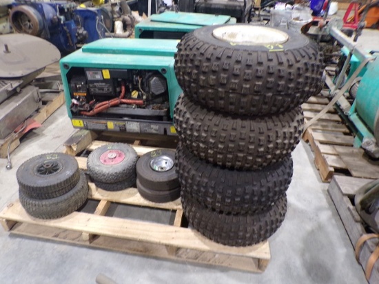 (4) 20 x 7.00-8 Tires on 4 Lug Rims and Group of Smaller Tires with 1 Hole