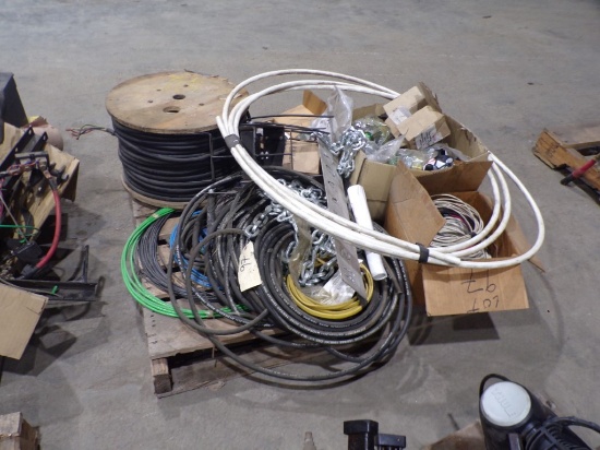 Pallet of Misc. Items - Air Hose Reel, Hyd. Hose, Almost Full Roll of 12Ga.