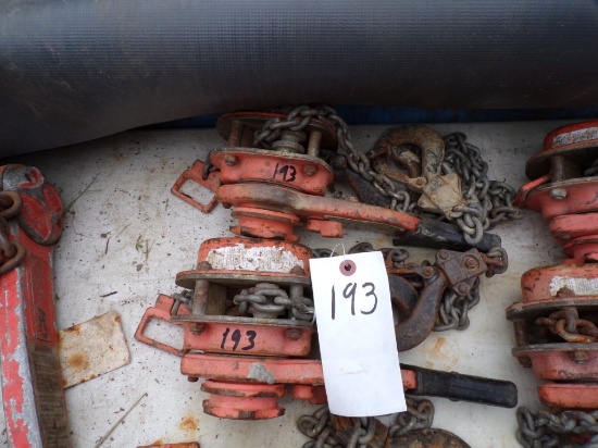 (2) CM 1 Ton Lever Chain Hoists, 653 Series (Out Front on Tables)