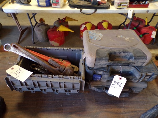Gray Tote with Asst. Wrenches - Pipe Wrench, (3) INCOMPLETE Socket and Ratc