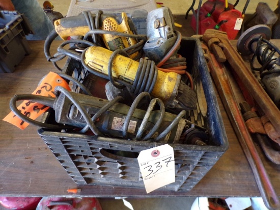 Milk Crate with NON WORKING Corded Tools - (4) 4 1/2'' Grinders, (1) 9'' Sa