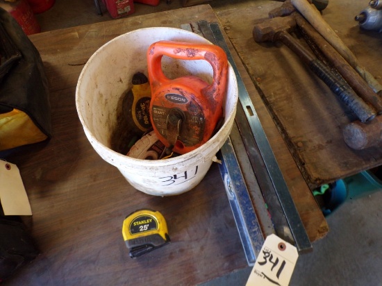(4) 24'' Levels and Bucket of Tape Measures and Chalk Lines (New Garage)