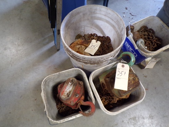 (2) Chain Hoists, ? 1/2 Ton, (1) Coffing, (1) CM ?? and Bucket of Chain Hoi
