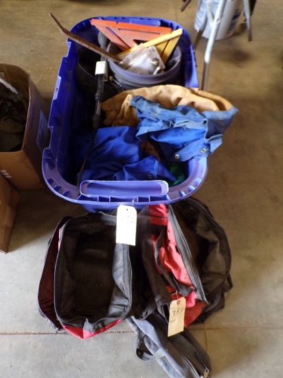 (6) Cloth Tool Bags and a Blue Tote with Misc. Items - Pry Bar, Bucket Tool