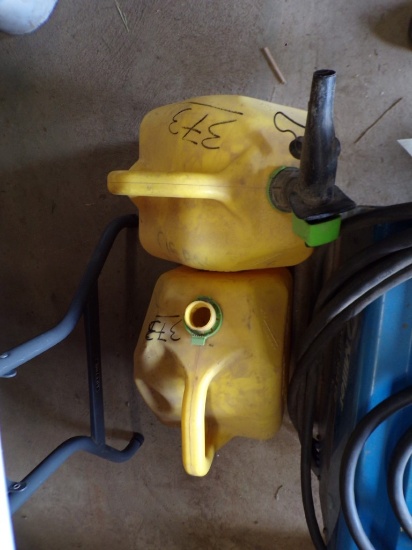 (2) Plastic 5 Gal. Diesel Cans, (1) MISSING SPOUT (Old Garage)