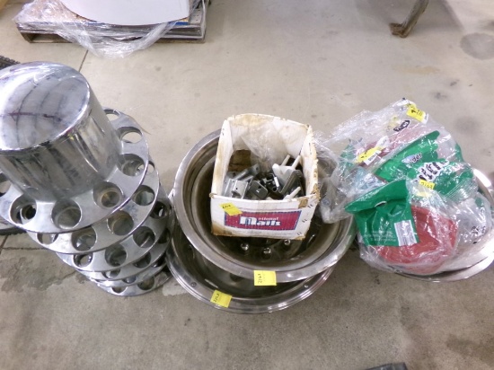 (5) Misc Truck Covers (6) Hub Covers, Box Of Misc Door Hardware & Tupperwar