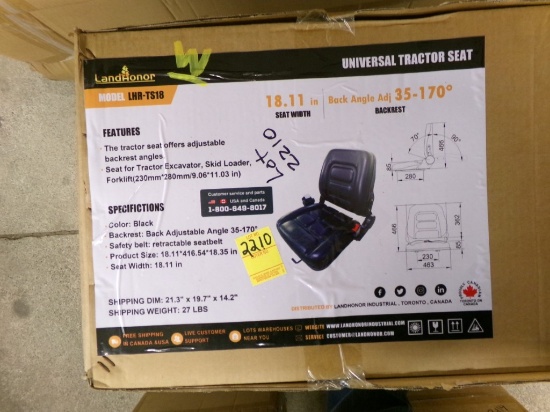 Universal Tractor Seat, Folding BAck, Black, NIB