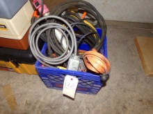 Blue Milk Crate Full of Extension Cords