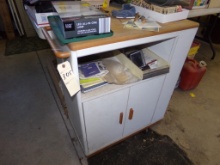 White Microwave Cart with Bottom Cupboard and Some Misc. Contents (House Ga