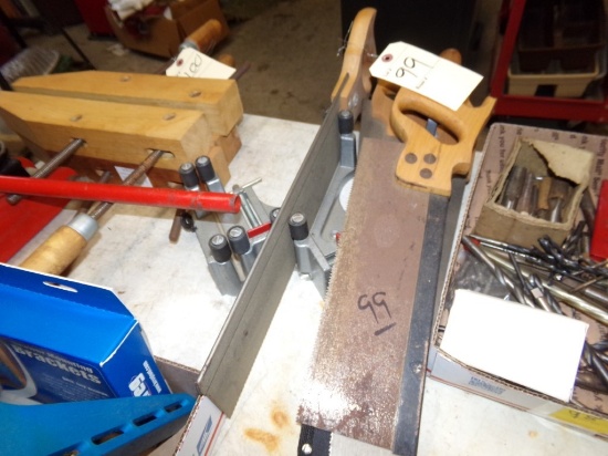Hand Miter Box, Group of Hand Saws and a Pair of Lg. Wooden Carpenters Clam