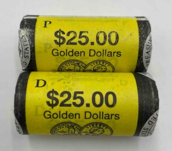 2002 US Mint wrapped P,D Uncirculated rolls Sacagawea Golden dollars (2 rolls).