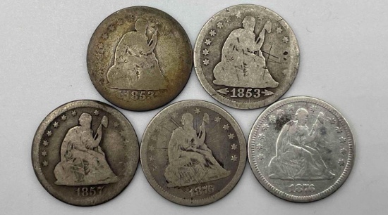 (5) US Seated Liberty Quarters: (2) 1853 Arrows & Rays. 1857. (2) 1876.