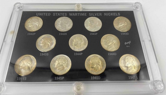 US Wartime Silver nickels Uncirculated set in Capital holder.