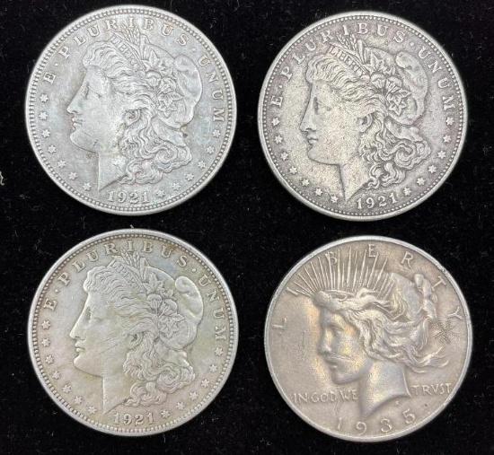 (3) 1921 Silver Morgan dollars & 1935S Silver Peace Dollar (4 coins total)