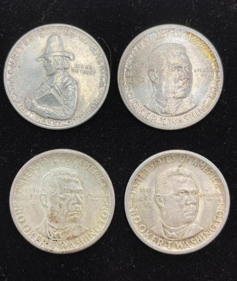 1920 Pilgram, 1946 P, D, S Booker T Washington commemorative half dollars (4 coins total)