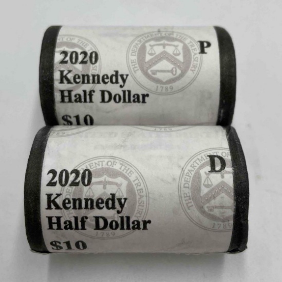 2020 US Mint wrapped P,D Uncirculated rolls Kennedy half dollar (2 rolls).