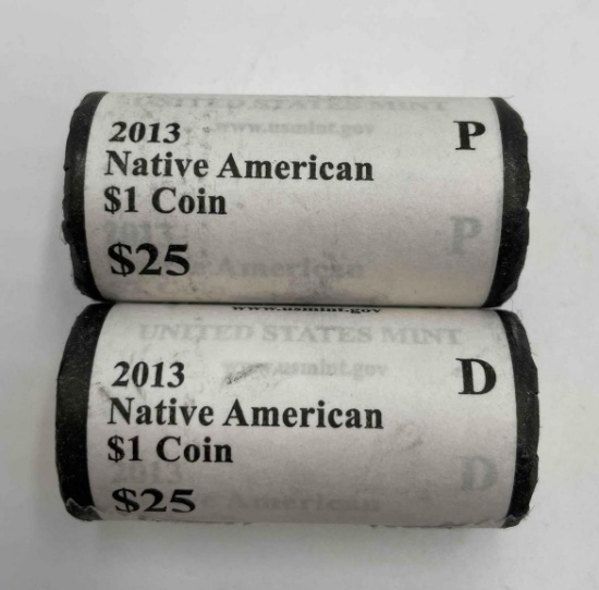 2013 US Mint wrapped P,D Uncirculated rolls Sacagawea Golden dollars (2 rolls).