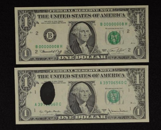 $1 Federal National Notes 1974 low serial # B00000008H & 1977A Boston obverse ink scratch (2