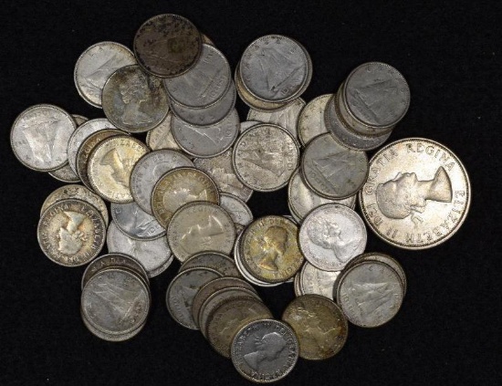 $6.50 face value in Canada 80% Elizabeth dimes & half dollars.