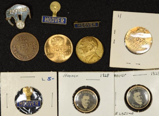 (10) Hoover & (3) Smith Presidential Campaign Pins & Lucky Pocket pieces, Hoover & FDR rings (15