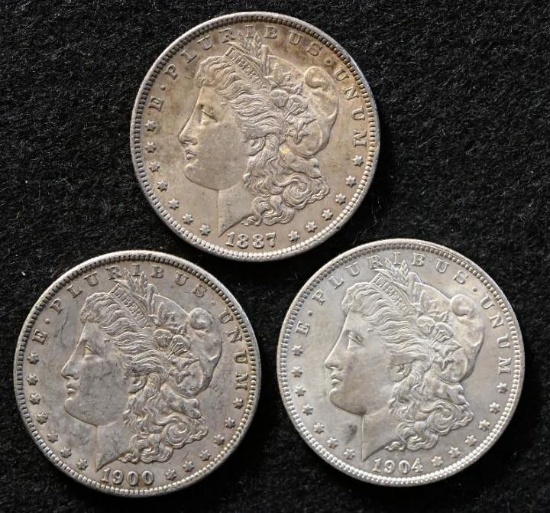 1887, 1900, 1904O Silver Morgan dollars (3 pieces total).