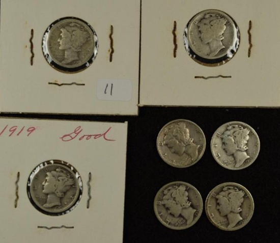 1918, 1918D, 1919, 1921, 1921D, 1931D & 1931S Silver Mercury dimes (7 pieces total).
