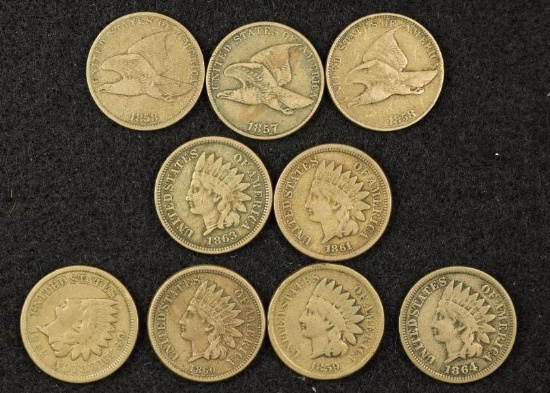 1857, 1858 Large Letters & 1858 Small Letters Flying Eagle cents; 1859-1864 copper nickel Indian