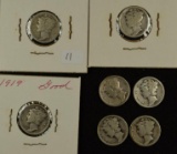 1918, 1918D, 1919, 1921, 1921D, 1931D & 1931S Silver Mercury dimes (7 pieces total).