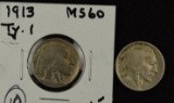 1883 No Cents, 1902-1905 & 1907-1912 Liberty nickels; 1913 Type 1 & 1913 Type 2 Buffalo nickels (13