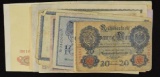 CURRENCY: Germany 1907, 1910 & 1914 20 mark, 7 digit serial # (2) 1908 100 mark, red & green serial