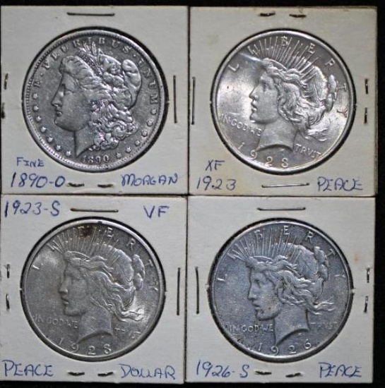 1890 Morgan Silver $1.00s & 1923, 1923S & 1926S Peace Silver $1.00. (4 pcs.)