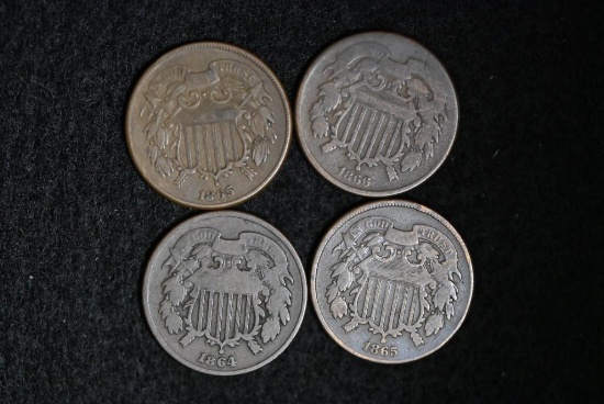 1864, (2) 1865 & 1866 two cents. (4 pcs.)
