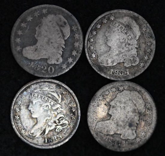 1820, 1834, 1835 & 1837 Bust Silver dimes. (4 pcs.)