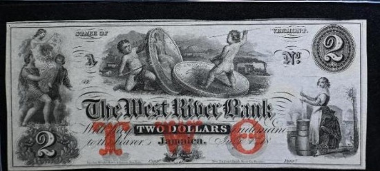 Vermont Obsolete Notes: (1860's) The West River Bank, Jamaica $2.00 Note, Unissued Remainder.