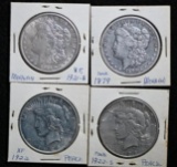 1879 & 1921S Morgan & 1922 & 1922S Peace Silver $1.00. (4 pcs.)