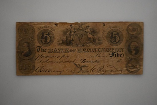 Vermont Obsolete Notes: 1846 Bank of Bennington, $5.00