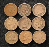 1857, 1858 Large Letters, 1858 Small Letters Flying Eagle, 1859-1863 & 1874 Indian cents (9 pcs).