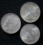 1889 Silver Morgan, 1923 & 1924 Silver Peace dollars (3pcs).